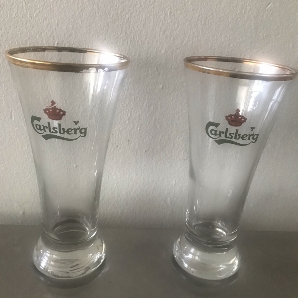 Carlsberg beer glasses with gold trim
